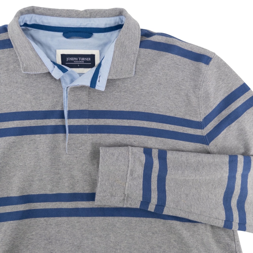 Joseph Turner Yorkshire Mens L Rugby Shirt Grey‎ Blue Striped Long Sleeve Preppy